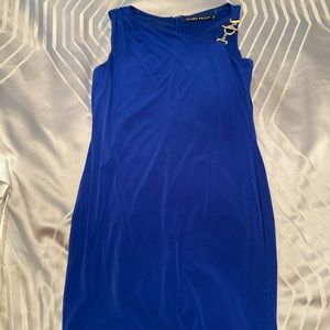 Royal blue one shoulder dress with gold accent